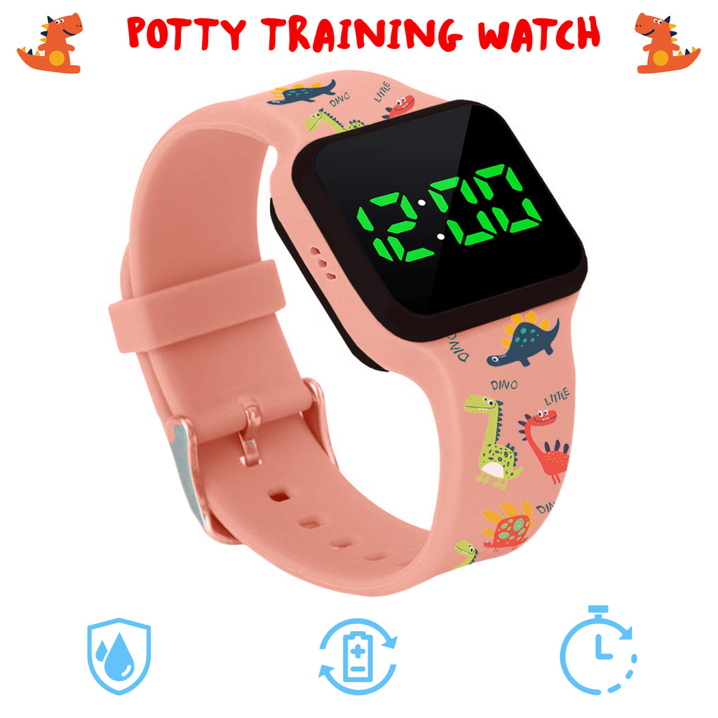 Potty Training Timer Watch with Flashing Lights and Music Tones - Water Resistant, Rechargeable, Dinosaur Pattern Pink Band - Athena Futures Inc.