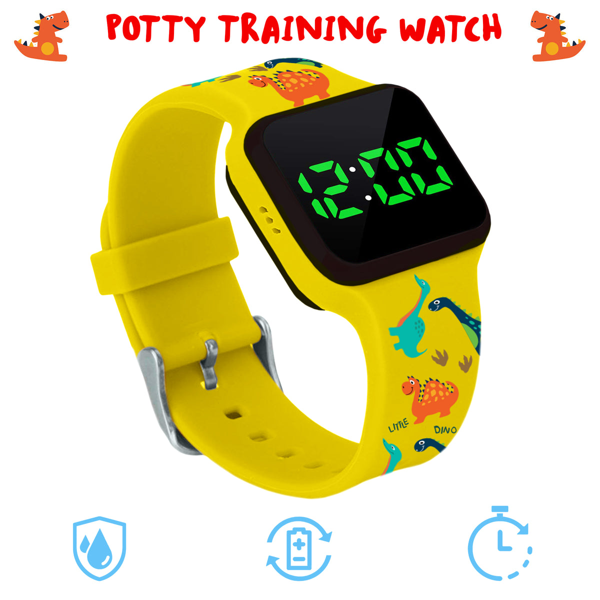 Potty Training Timer Watch Yellow Dinosaur with Flashing Lights and Music Tones - Athena Futures Inc.