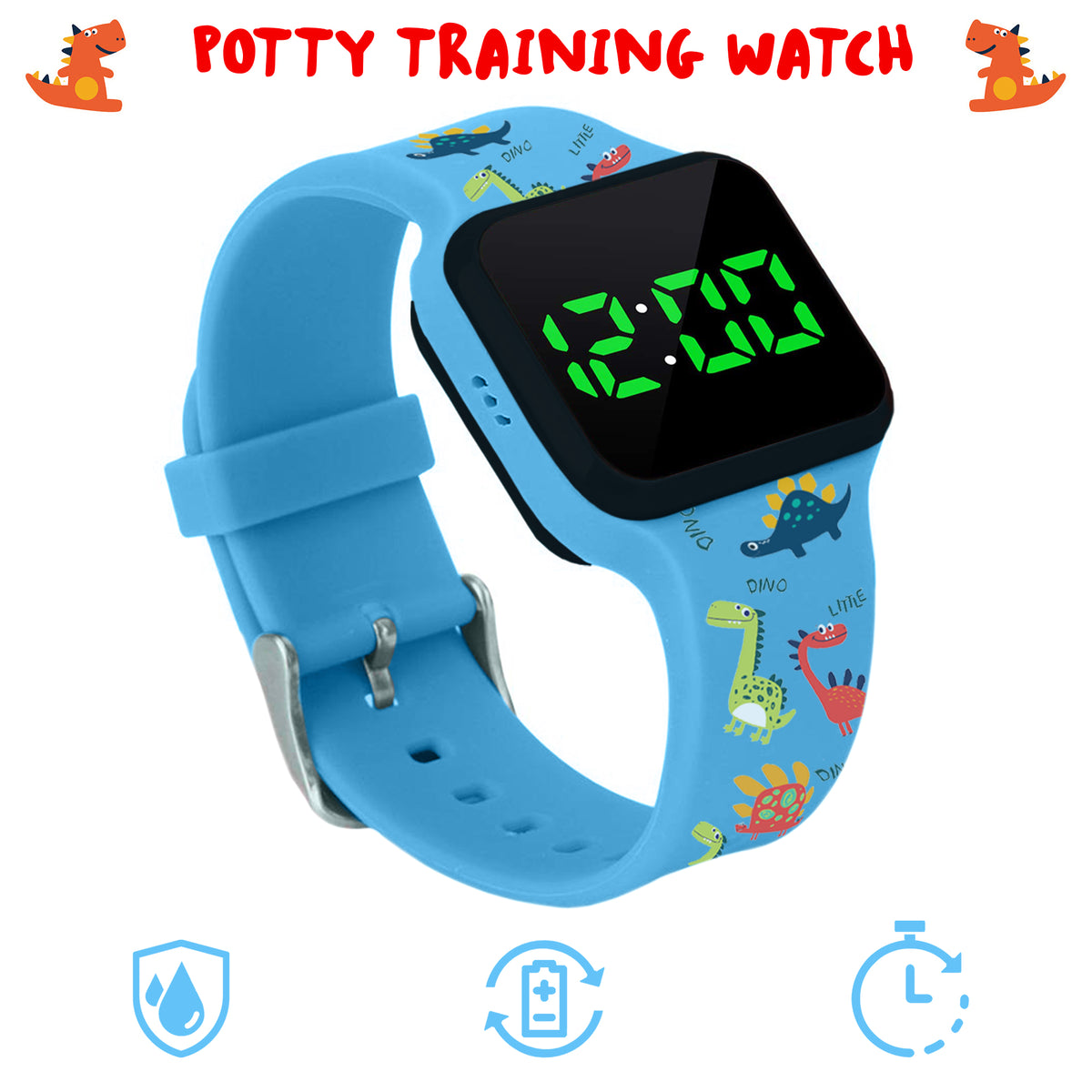 Potty Training Timer Watch with Flashing Lights and Music Tones - Water Resistant, Rechargeable, Dinosaur Pattern Colorful Band - Athena Futures Inc.