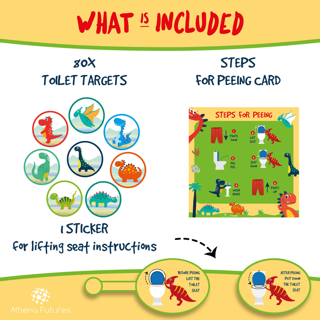 ATHENA FUTURES Dinosaur Potty Training Toilet Targets - 2" Water Soluble, Flushable Urinal Paper Cards for Toddlers, Boys - Kids Trainer Kit with Lift Lid Sticker and Peeing Chart - 80 Targets - Athena Futures Inc.