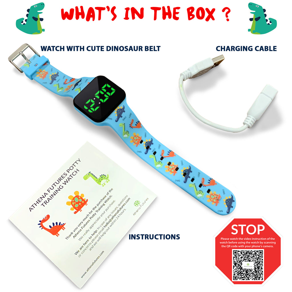 Potty Training Timer Watch with Flashing Lights and Music Tones - Water Resistant, Rechargeable, Dinosaur Pattern Colorful Band - Athena Futures Inc.