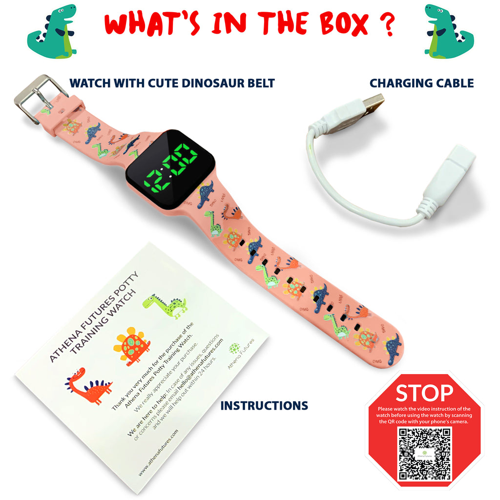 Potty Training Timer Watch with Flashing Lights and Music Tones - Water Resistant, Rechargeable, Dinosaur Pattern Pink Band - Athena Futures Inc.