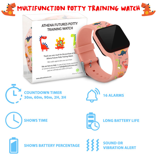 Potty Training Timer Watch with Flashing Lights and Music Tones - Water Resistant, Rechargeable, Dinosaur Pattern Pink Band - Athena Futures Inc.