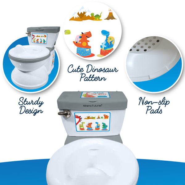 Potty Toilet Training Seat - Dinosaur Design-Realistic Urinal with Flush Sounds, Paper Roll Holder, Wipes Storage Dispenser, Removable Washable Bowl - Bathroom Accessories for Teaching Toddlers & Kids - Athena Futures Inc.